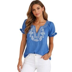 Tramp | Blue Embroidered Peasant Blouse Sz M EUC